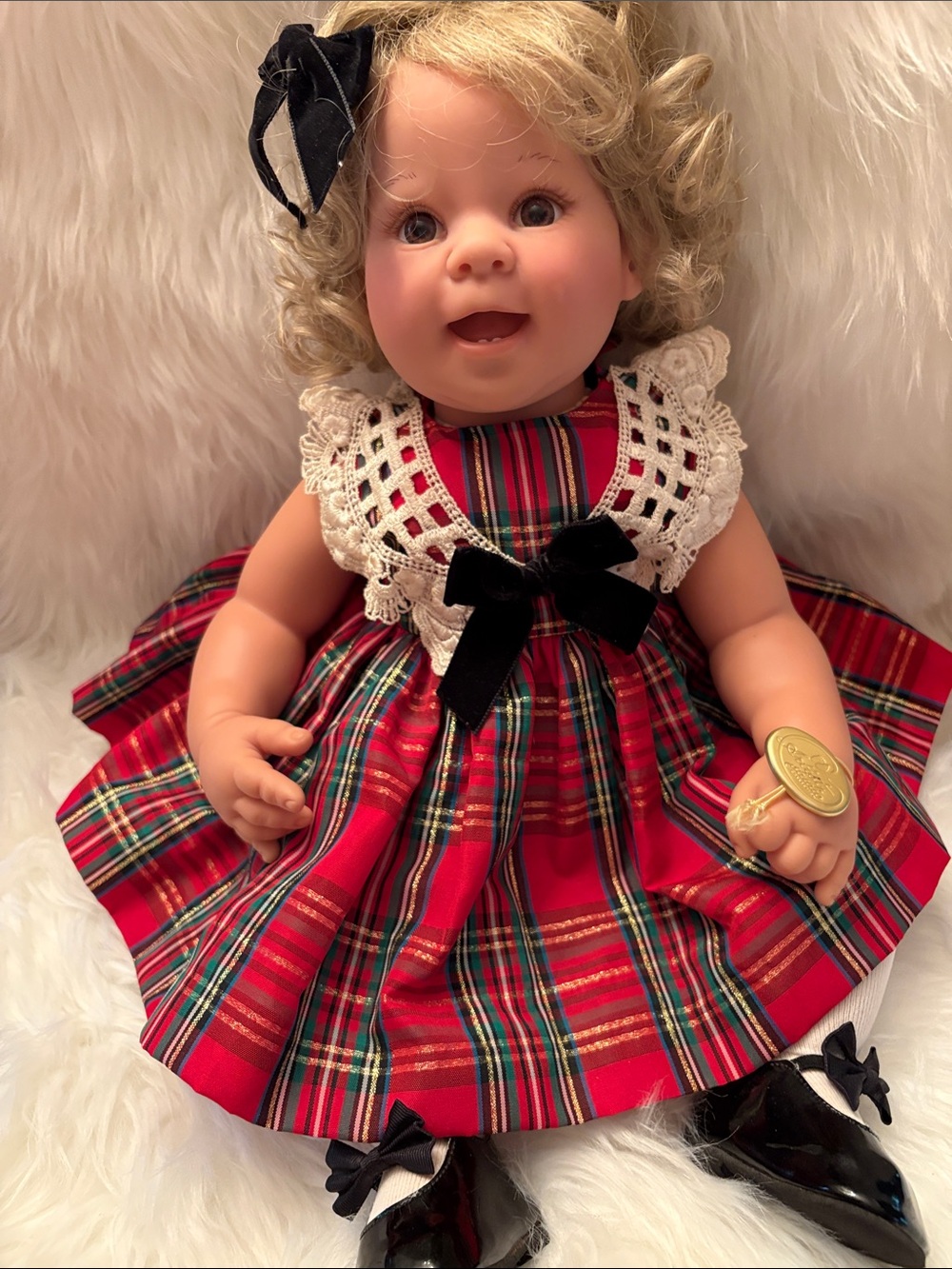 Lee Middleton Red Plaid Baby Doll with Lace Collar and Black Bows